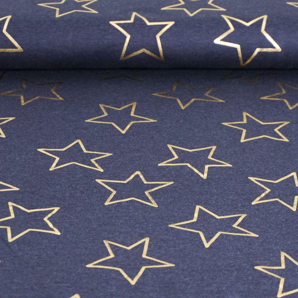 French Terry jeansblau mit goldenen Sternen